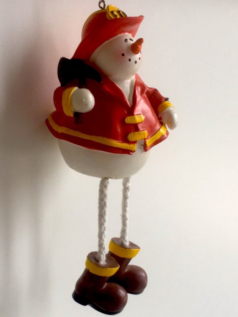 Fire Department Snowman Shelf Sitter Ornament Dangling Rope Legs Fireman Gift